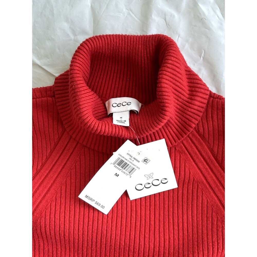 CeCe Ribbed Turtleneck Sweater Medium Red Fitted Knit Pullover Chevron Cozy